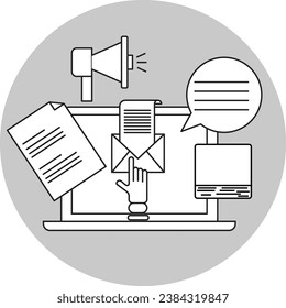 Icon of computer with loudspeaker, office document, email template or laptop vector illustration.