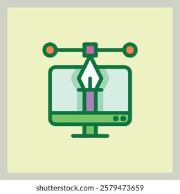 Icon of a computer monitor displaying a graphic design tool with a pen and path