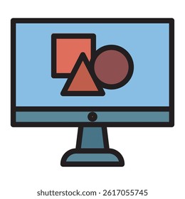 An icon of a computer monitor displaying a square, triangle, and circle, all in a simple, bold outline style. Perfect for illustrating concepts related to design.