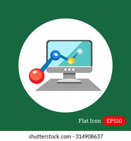 Icon of computer monitor and line graph coming out of screen