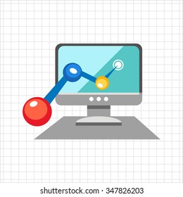 Icon of computer monitor and line graph coming out of screen