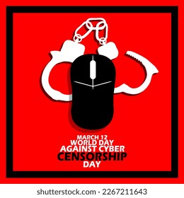 Icon of a computer mouse with handcuffs and bold text in frame on red background to commemorate World Day Against Cyber Censorship on March 12