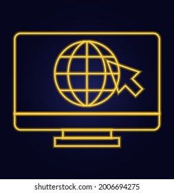 An icon with a computer screen, an image of the globe and an arrow. Neon style.