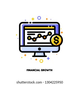 Icon of computer screen with line graph showing data visualization and golden coin for financial growth or increasing revenue concept. Flat filled outline style. Pixel perfect 64x64. Editable stroke