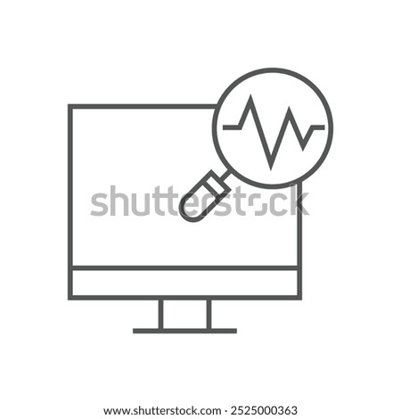 Icon of a computer screen with a magnifying glass showing a heartbeat line, symbolizing system monitoring or data analysis