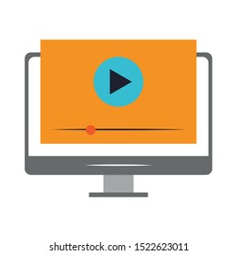 icon of computer with video player on screen over white background, vector illustration