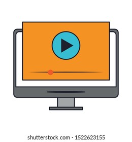 icon of computer with video player on screen over white background, vector illustration