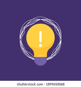 An Icon Concept About An Idea Or Solution, Problem Solving, Innovation. Illustration Of A Lamp, Exclamation Point, Rope Or Tangled Thread. Flat Style. Vector Design Element