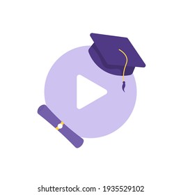 un concepto de icono sobre graduación en línea o graduación virtual. ilustración de un sombrero toga, rollo de papel de certificado o diploma y símbolos de vídeo. estilo plano. diseño vectorial