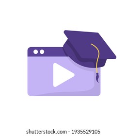 an icon concept about online graduation or virtual graduation. illustration of a toga hat and video symbol. flat style. vector design