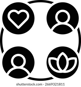 Un ícono del concepto de bienestar equilibrado e integrado, donde la salud interna, las relaciones sociales y el crecimiento espiritual están interconectados para crear armonía.