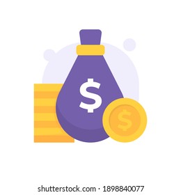 an icon concept for financial management, income, prize money. illustration of a money bag and a pile of coins. flat style. vector design element