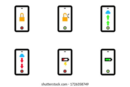 Icon concept mobile phone application, Upload and download file to cloud and lock unlock activity, Battery notification.