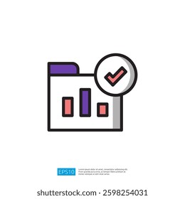 Icon of a Confirmed Data Analytics Folder with Checkmark and Bar Chart Illustrating Successful Business Evaluation