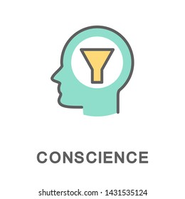 Icon conscience. A person filters his actions in accordance with emotional experiences. The thin contour lines with color fills.