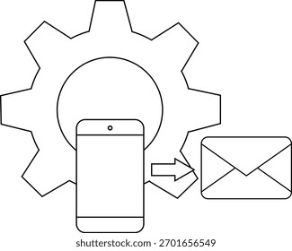 An icon consisting of a gear mobile phone arrow and envelope