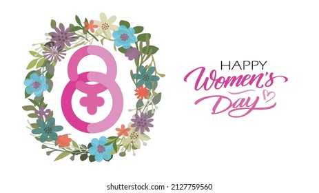 Ein Symbol, bestehend aus den Zahlen 3, 8 und weiblichen Symbolen, umgeben von einem Federkranz mit Text: Fröhlicher Frauentag. Vektorgrafik

