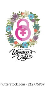 An icon consisting of numbers 3, 8 and female symbols surrounded by a spring wreath with text: Happy Women's Day. vector
