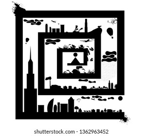 The icon consists of skyscrapers, other buildings and other auxiliary elements. Vector isolated on white background.