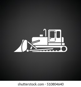 Icon of Construction bulldozer. Black background with white. Vector illustration.