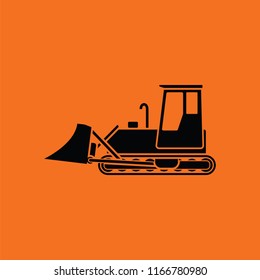 Icon of Construction bulldozer. Orange background with black. Vector illustration.