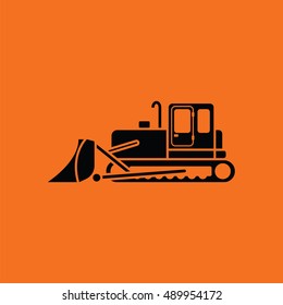 Icon of Construction bulldozer. Orange background with black. Vector illustration.