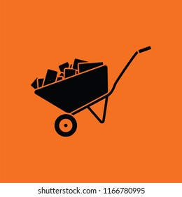 Icon of construction cart . Orange background with black. Vector illustration.