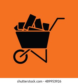 Icon of construction cart . Orange background with black. Vector illustration.