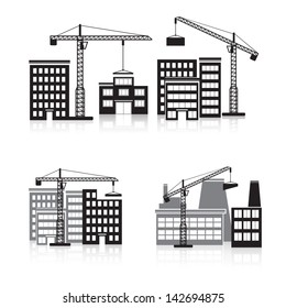 icon construction: crane, house, machine, factory.