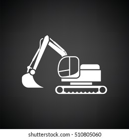 Icon of construction excavator. Black background with white. Vector illustration.