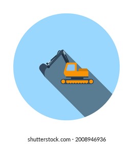 Icon Of Construction Excavator. Flat Circle Stencil Design With Long Shadow. Vector Illustration.