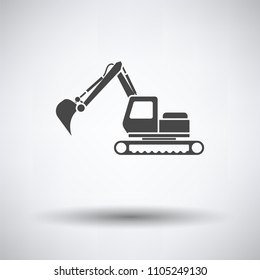Icon of construction excavator on gray background, round shadow. Vector illustration.