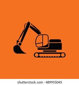 Icon of construction excavator. Orange background with black. Vector illustration.