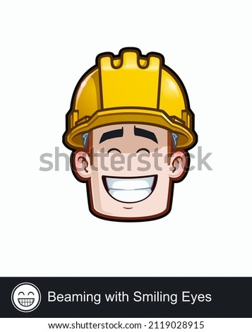 Icon of a construction worker face with Beaming with Smiling Eyesemotional expression. All elements neatly on well described layers and groups.