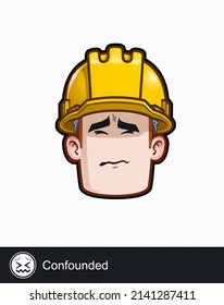 Icon of a construction worker face with Confounded emotional expression. All elements neatly on well described layers and groups.