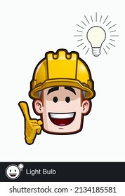 Icon of a construction worker face with having an Idea - Light Bulb emotional expression. All elements neatly on well described layers and groups.