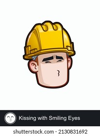 Icono de la cara de un trabajador de la construcción con expresión emocional Kissing with Smiling Eyes. Todos los elementos están cuidadosamente descritos en capas y grupos bien descritos.