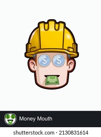 Icon of a construction worker face with Money Tongue emotional expression. All elements neatly on well described layers and groups.