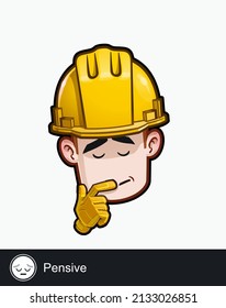 Icon of a construction worker face with Pensive emotional expression. All elements neatly on well described layers and groups.