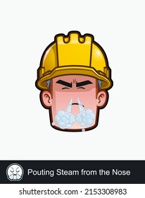 Icon of a construction worker face with Pouting Steam from the Nose emotional expression. All elements neatly on well described layers and groups.