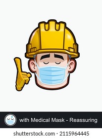 Icon Of A Construction Worker Face With Reassuring With Medical Mask Emotional Expression. All Elements Neatly On Well Described Layers And Groups.