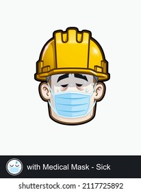 Icon of a construction worker face with Sick with Medical Mask emotional expression. All elements neatly on well described layers and groups.