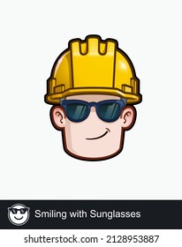 Icon of a construction worker face with Smiling with Sunglasses emotional expression. All elements neatly on well described layers and groups.