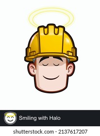 Icon of a construction worker face with Smiling with Halo emotional expression. All elements neatly on well described layers and groups.