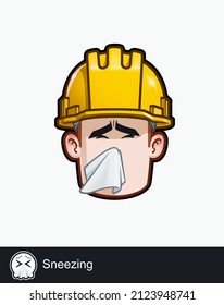 Icon of a construction worker face with Sneezing emotional expression. All elements neatly on well described layers and groups.