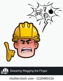 Icon of a construction worker face with Swearing Wagging the Finger emotional expression. All elements neatly on well described layers and groups.