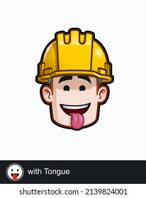 Icono de la cara de un trabajador de la construcción con expresión emocional de lengua. Todos los elementos están cuidadosamente descritos en capas y grupos bien descritos.