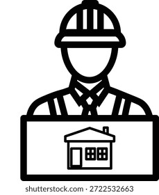 Um ícone de um trabalhador da construção civil de chapéu duro e colete de segurança segurando uma planta de uma casa.