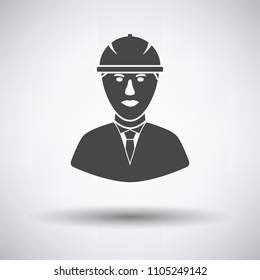 Icon of construction worker head in helmet on gray background, round shadow. Vector illustration.