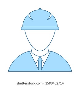 Icon Of Construction Worker Head In Helmet. Thin Line With Blue Fill Design. Vector Illustration.